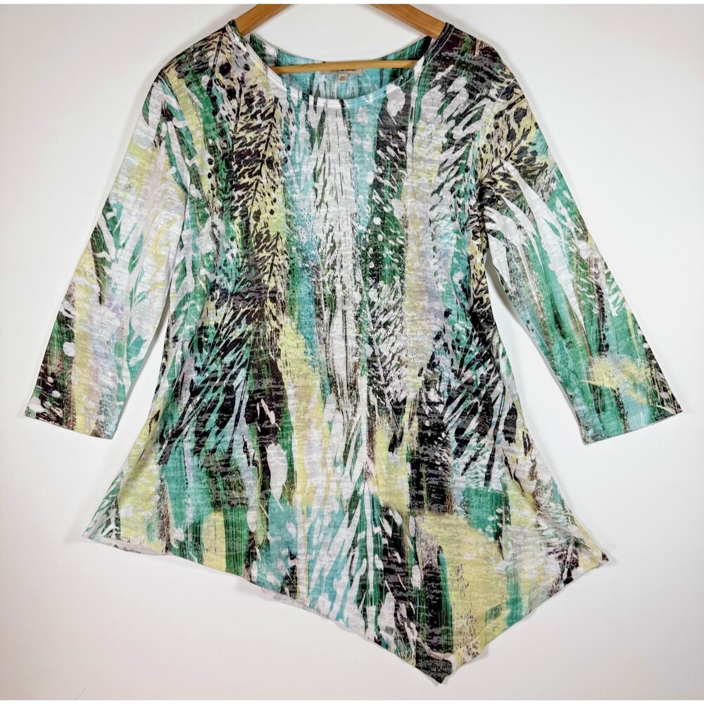 Jess and‎ Jane Tunic Top Medium Green Black Abstract Asymmetric Hem Rhinestones